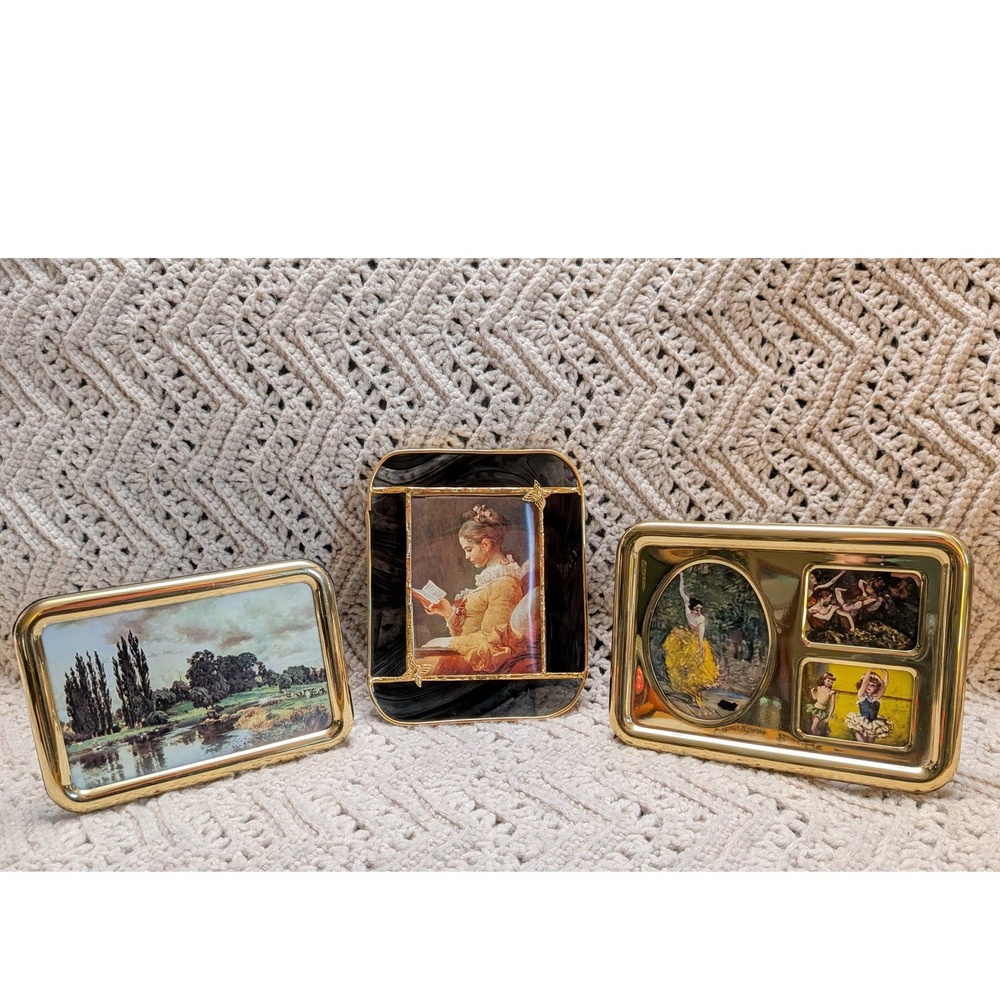 Vintage Lot of 3 Small Picture Frames Gold Tone Black Glass Butterfly Art Prints